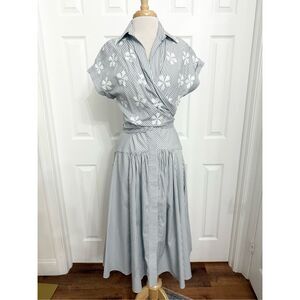 Silvia Tcherassi Manny Dress Gray White Striped Floral Sequins Pinstripe Dress M